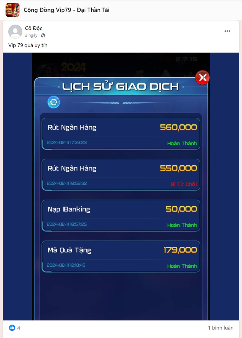 Người chơi Cô Độc thực hiện nạp rút tiền thành công tại game Vip79